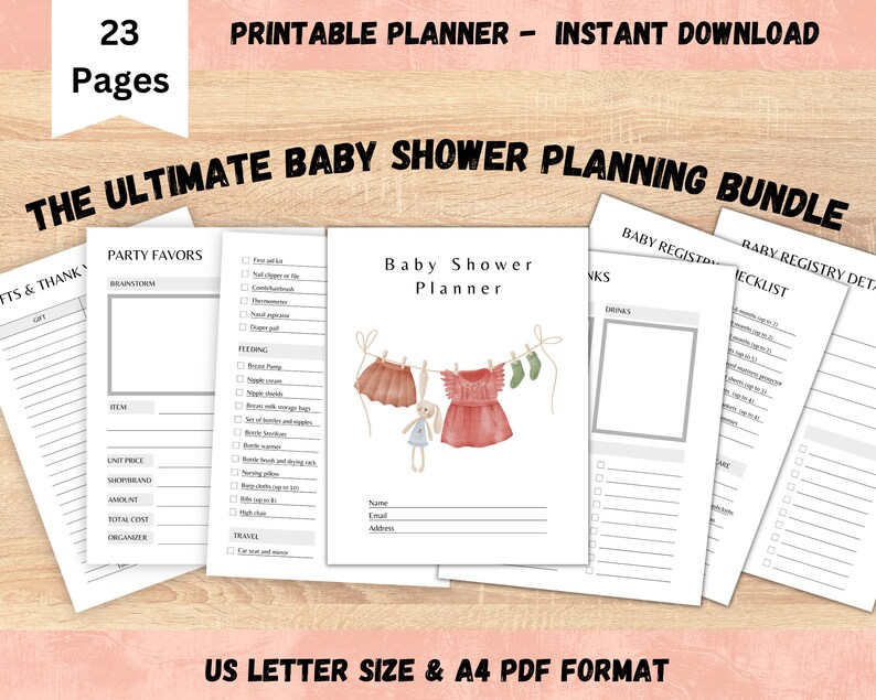 K&ouml;nnte beinhalten: Druckbarer Baby Shower Planungs-Bundle mit 23 Seiten. Das Bundle enth&auml;lt Checklisten f&uuml;r Geschenke, Dankeskarten, Partygeschenke, F&uuml;tterung, Getr&auml;nke und eine Baby-Register-Checkliste. Die Titelseite zeigt einen Baby Shower-Planer mit einer niedlichen Illustration von Babykleidung, die an einer W&auml;scheleine h&auml;ngt.
