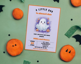 A Little Boo Baby Shower Invitation, Editable Halloween Baby Shower Invite, Ghost Halloween Baby Shower, Little Boo is Due, Instant Download