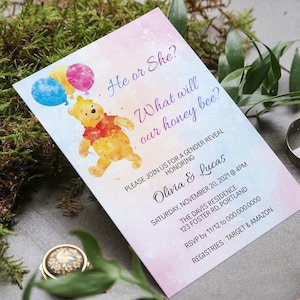 Winnie the Pooh Bear Gender Reveal Invitation Template, He or She Winnie Baby Shower, Editable Template, Instant Download
