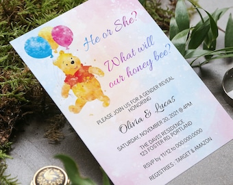 Winnie the Pooh Bear Gender Reveal Invitation Template, He or She Winnie Baby Shower, Editable Template, Instant Download