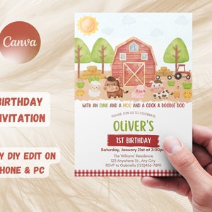 Editable Farm Birthday Invitation, Barn Animals Party Invite Template, Ranch Kids Birthday, Red Boy Barnyard Animals Farm, Instant Download