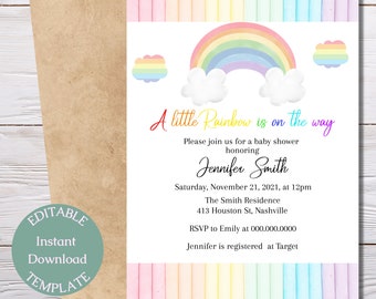 May include: A baby shower invitation featuring a rainbow and clouds. The text reads "A little Rainbow is on the way". The invitation is for Jennifer Smith and includes the date, time, and location of the shower. RSVP details are also provided.
