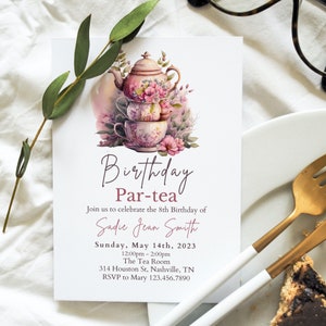 Birthday Par-Tea, Tea Party Invitation Template, High Tea Party Invite, Printable Girl Birthday Party Invite, Birthday Lunch, Tea Birthday