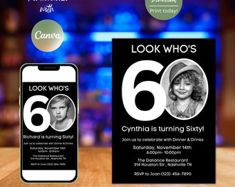 Editable 60th Birthday Invitation Template with Photo (Digital Download)