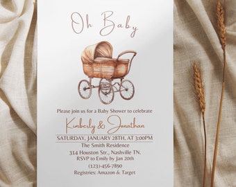 Bewerkbare sjabloon babyshower uitnodiging kinderwagen, boho neutraal (directe download)