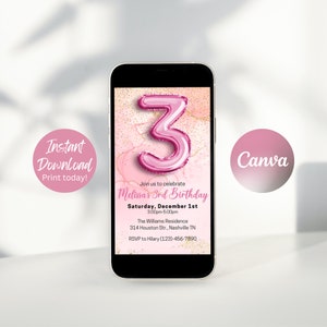 Editable Pink 3rd Birthday Invitation Template, Glitter Girl Birthday ...