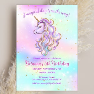 Bewerkbare eenhoorn verjaardagsuitnodiging, magische eenhoorn verjaardagsuitnodiging, sjabloon uitnodiging feest eenhoorn, regenboog eenhoorn, digitale download