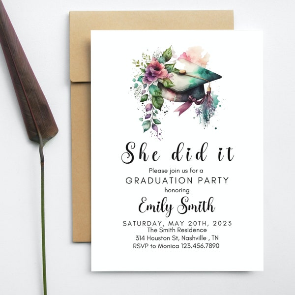 Minimalist Graduation Announcement, 2023 Graduation Party Invitation Template, She Did It Graduation Party Invite, Instant Download