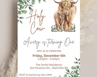 Editable Highland Cow Birthday Invitation, Boho Farm (Digital Download)