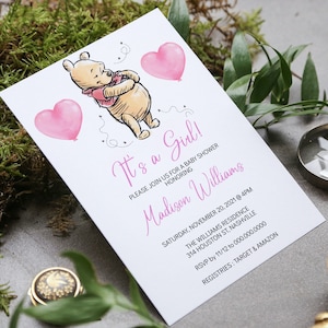 Winnie the Pooh Baby Shower Invitation Template, Girl Bear Baby Shower, Editable Digital Invite, Instant Download