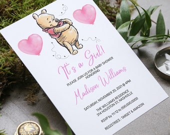 Winnie the Pooh Baby Shower Invitation Template, Girl Bear Baby Shower, Editable Digital Invite, Instant Download