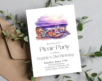 Invito per picnic in spiaggia, acquerello, modificabile (download immediato)