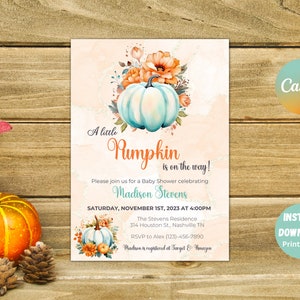 Editable Pumpkin Baby Shower Invitation, A little Pumpkin is on the way, Fall Baby Shower Invite, Autumn Leaves Invite, Instant Download