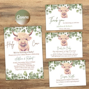 Paquete de invitación de baby shower Boho Highland Cow con juegos, baby shower de vaca de género neutro, conjunto de invitación de baby shower de vaca sagrada, editable