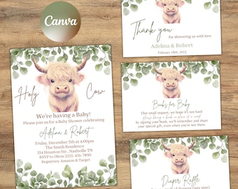 Boho Highland Cow Baby Shower Invitation Bundle, Gender Neutral Cow Baby Shower, Holy Cow Baby Shower Invitation Set, Editable Template