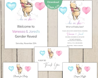 Winnie the Pooh Bear Gender Reveal Invitation Bundle, He or She Winnie Baby Shower, Editable Template, Instant Download