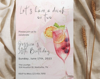Editable Cocktail Birthday Invitation, Happy Hour Party (Instant Download)