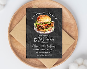 Editable BBQ Birthday Invitation, Cheeseburger Grill Party (Digital Download)