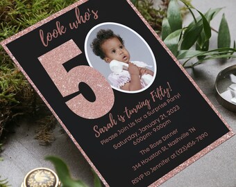 Editable Photo 50th Birthday Invitation Template, Rose Gold (Printable)