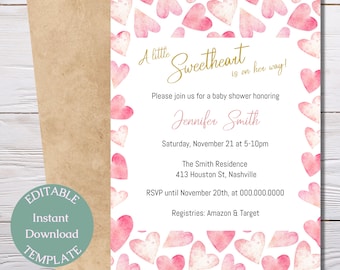 Sweetheart Baby Shower Invitation, Pink Hearts (Editable Digital Download)