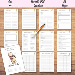 Könnte beinhalten: Druckbarer Babyparty-Planer mit 23 Seiten. Der Planer zeigt eine Illustration von Winnie Puuh und enthält Abschnitte für einen Wochenplan, Ideen und Notizen, Details zur Baby-Geschenkregistrierung, Partygeschenke, eine Baby-Geschenkregistrierungs-Checkliste, eine Anbieterliste, einen Zeitplan, eine Gästeliste, einen Budget- und Ausgaben-Tracker sowie Geschenkanhänger und Dankeskarten.