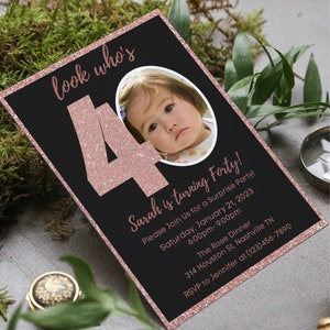 Bearbeitbare 40. Einladung mit Foto, Look Who's 40, 40. Geburtstagseinladungsvorlage, Roségold 40.Einladung, bearbeitbar, druckbar