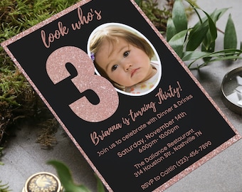 Rose Gold 30th Birthday Invitation Template with Photo (Digital Download)