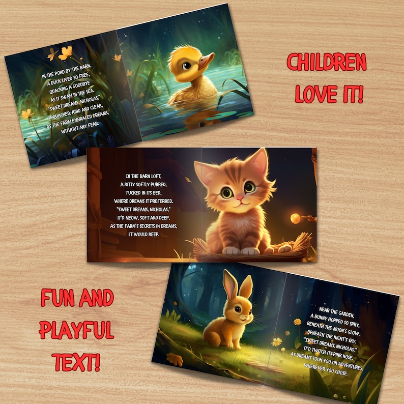 Puede incluir: Un libro para ni&ntilde;os con ilustraciones coloridas de un pato, un gato y un conejo. El libro presenta rimas sobre animales que sue&ntilde;an en una granja.