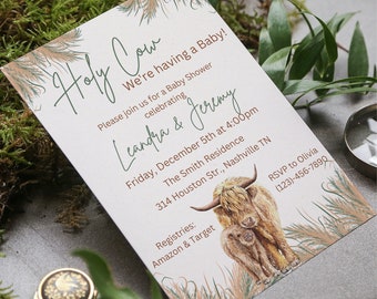 Boho Highland Kuh Babypartyeinladung, Grün (bearbeitbare Vorlage)