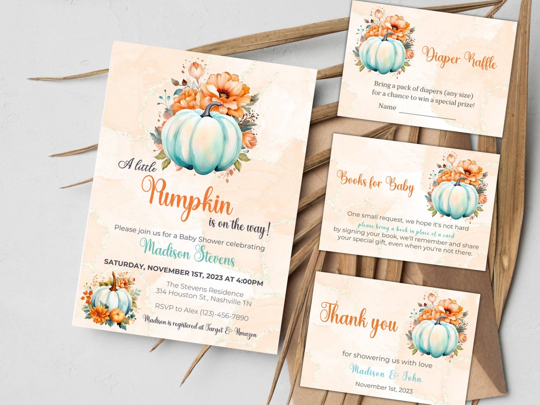 Editable Pumpkin Baby Shower Invitation Set, A Little Pumpkin is on the ...
