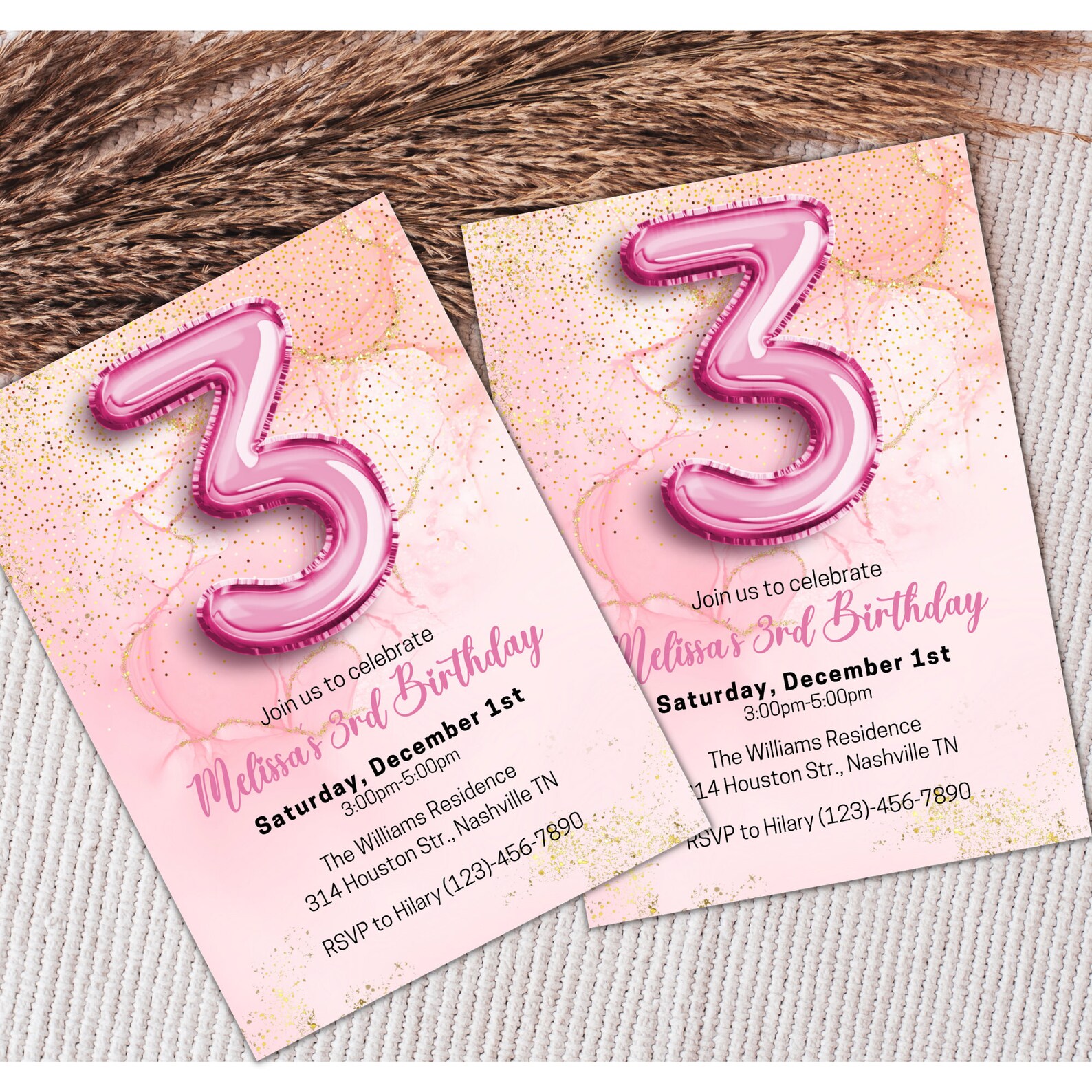 Editable Pink 3rd Birthday Invitation Template, Glitter Girl Birthday ...