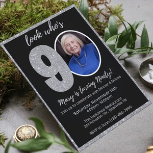 Editable 90th Invitation with photo, Look Who&#39;s 90, 90th Birthday Invitation Template, Silver 90th Invitation, Editable, Printable