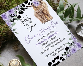 Editable Boho Highland Cow Birthday Invitation, Holy Cow I'm One Invite Girl, Purple Farm Cow First Birthday Template, Instant Download