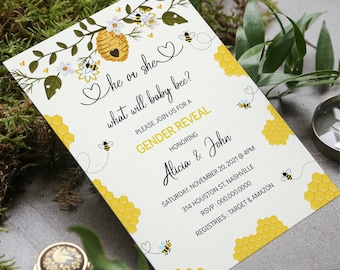 Bee Gender Reveal Invitation Template, He or She, What Will It Bee Baby Shower, Editable Template, Instant Download