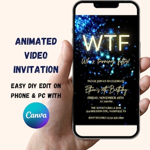50th Video Birthday Invitation, WTF Who&#39;s Turning Fifty Animated Birthday Invite, Blue Glitter, Editable Template, Instant Download