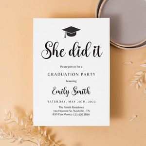 Minimalist Graduation Announcement, 2023 Graduation Party Invitation Template, She Did It Graduation Party Invite, Instant Download