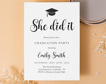 Minimalist Graduation Party Invitation Template, She Did It (Instant Download)