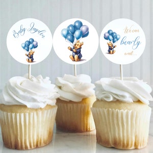 Editable Winnie the Pooh Cupcake Toppers, Boy Pooh Bear Decor, We can bearly wait Boy, Boy Winnie the Pooh Baby Shower, Instant Download