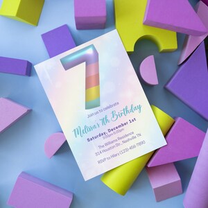 Bearbeitbare Regenbogen 7. Geburtstag Einladung Vorlage, Regenbogen Mädchen Geburtstag Party einladen, Ballon Mädchen 7. Geburtstag einladen, Sofort Download