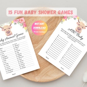 15 giochi per baby shower con mucca delle Highland, pacchetto di giochi per baby shower con mucca floreale, pacchetto di giochi per baby shower con mucca sacra, divertente baby shower, download istantaneo