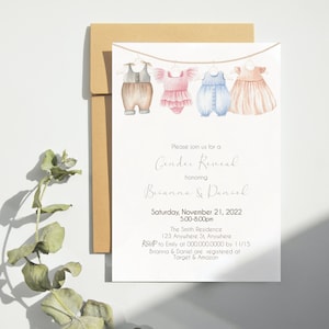 Invitation Boho Gender Reveal, Gender Neutral Invite, He ou She, Baby Clothes Invitation, Minimal Baby Shower, Editable Instant download