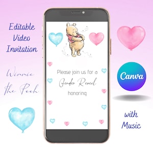 Winnie the Pooh Bear Gender Reveal Video Invitation, He or She Winnie Video Invite, Editable Template, Instant Download