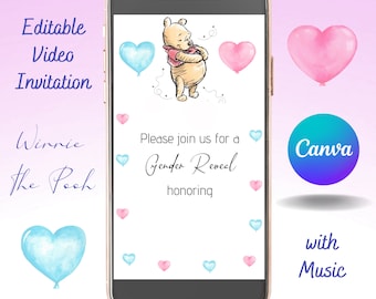 Winnie the Pooh Bear Gender Reveal Video Invitation, He or She Winnie Video Invite, Editable Template, Instant Download
