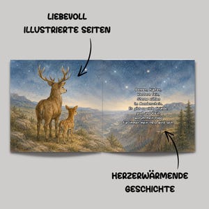 May include: A children's book illustration featuring a majestic deer and a fawn standing on a hillside overlooking a canyon under a starry sky. Text in German reads "Loving Illustrated Pages" and "Heartwarming Story."