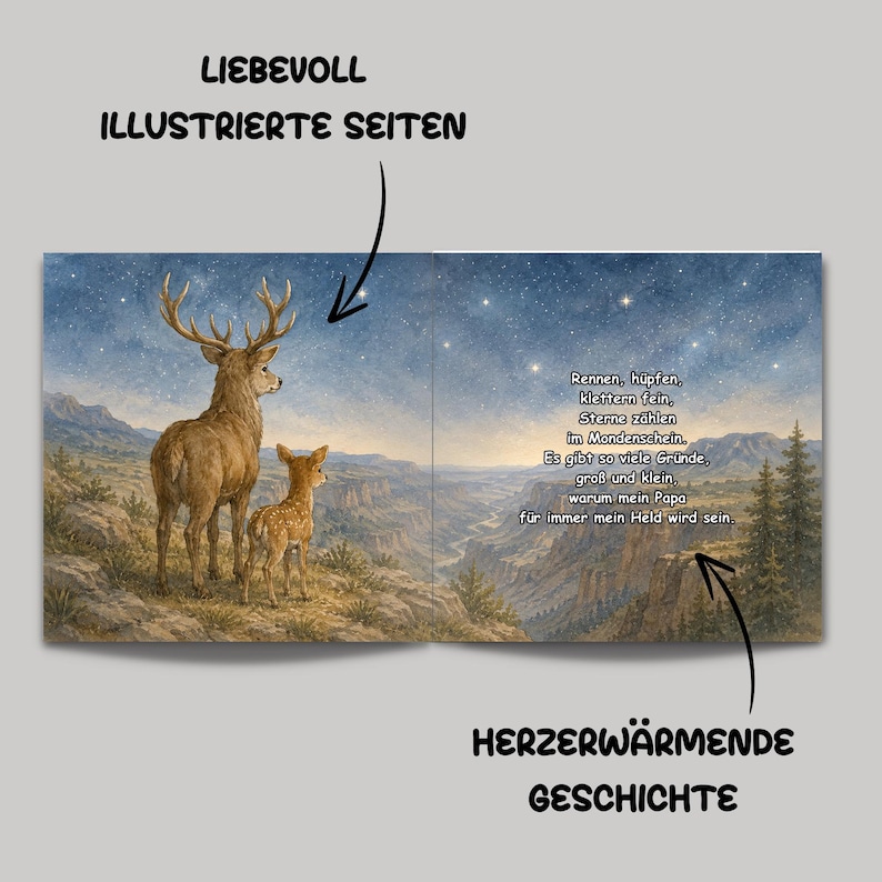 May include: A children's book illustration featuring a majestic deer and a fawn standing on a hillside overlooking a canyon under a starry sky. Text in German reads "Loving Illustrated Pages" and "Heartwarming Story."