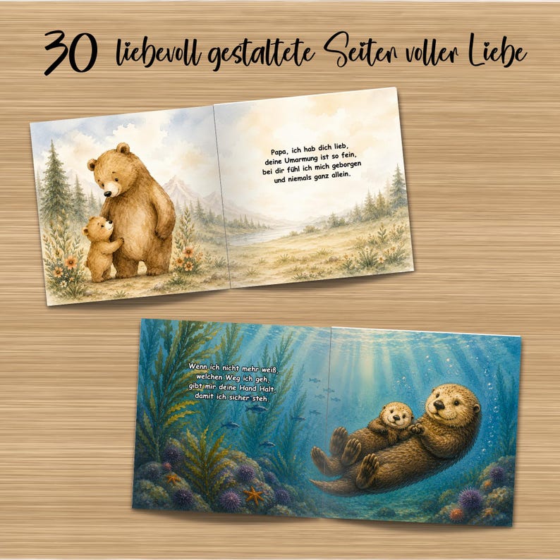May include: A children's book with illustrations of a bear and a baby bear, and an otter and a baby otter. The text on the top of the book reads "30 lovingly designed pages full of love."