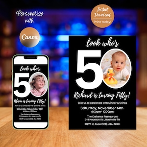 Editable 50th Invitation with photo, Look Who&#39;s 50, 50th Birthday Invitation Template, Minimal 50th Invitation, Editable, Printable