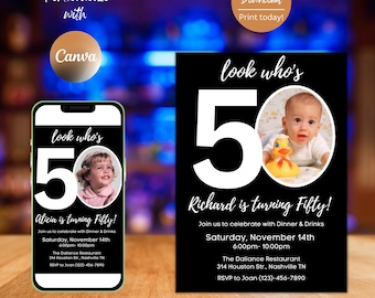 Editable 50th Birthday Invitation Template with Photo (Digital Download)