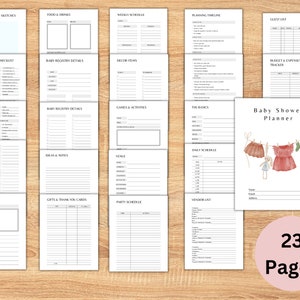 K&ouml;nnte beinhalten: Ein druckbarer Babyparty-Planer mit 23 Seiten. Der Planer enth&auml;lt Abschnitte f&uuml;r Planung, Budgetierung, G&auml;steliste, Registrierungsdetails, Spiele und Aktivit&auml;ten, Essen und Getr&auml;nke und vieles mehr. Das Cover zeigt eine niedliche Illustration von Babykleidung, die an einer W&auml;scheleine h&auml;ngt.