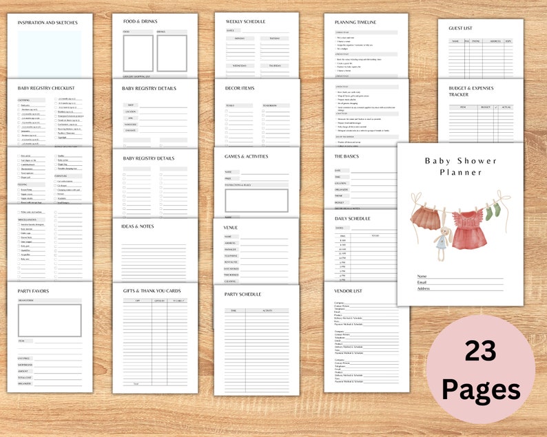 K&ouml;nnte beinhalten: Ein druckbarer Babyparty-Planer mit 23 Seiten. Der Planer enth&auml;lt Abschnitte f&uuml;r Planung, Budgetierung, G&auml;steliste, Registrierungsdetails, Spiele und Aktivit&auml;ten, Essen und Getr&auml;nke und vieles mehr. Das Cover zeigt eine niedliche Illustration von Babykleidung, die an einer W&auml;scheleine h&auml;ngt.